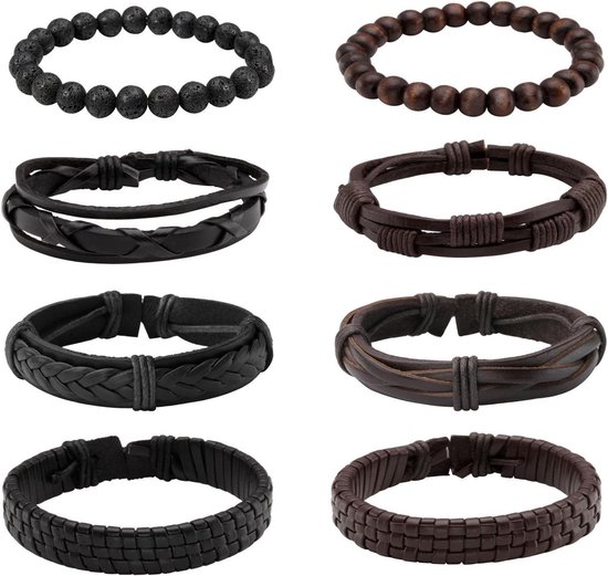 MILAKOO 6 stuks gevlochten leren armband voor mannen en vrouwen, verstelbare houten kralenarmband, één maat, hennep leer