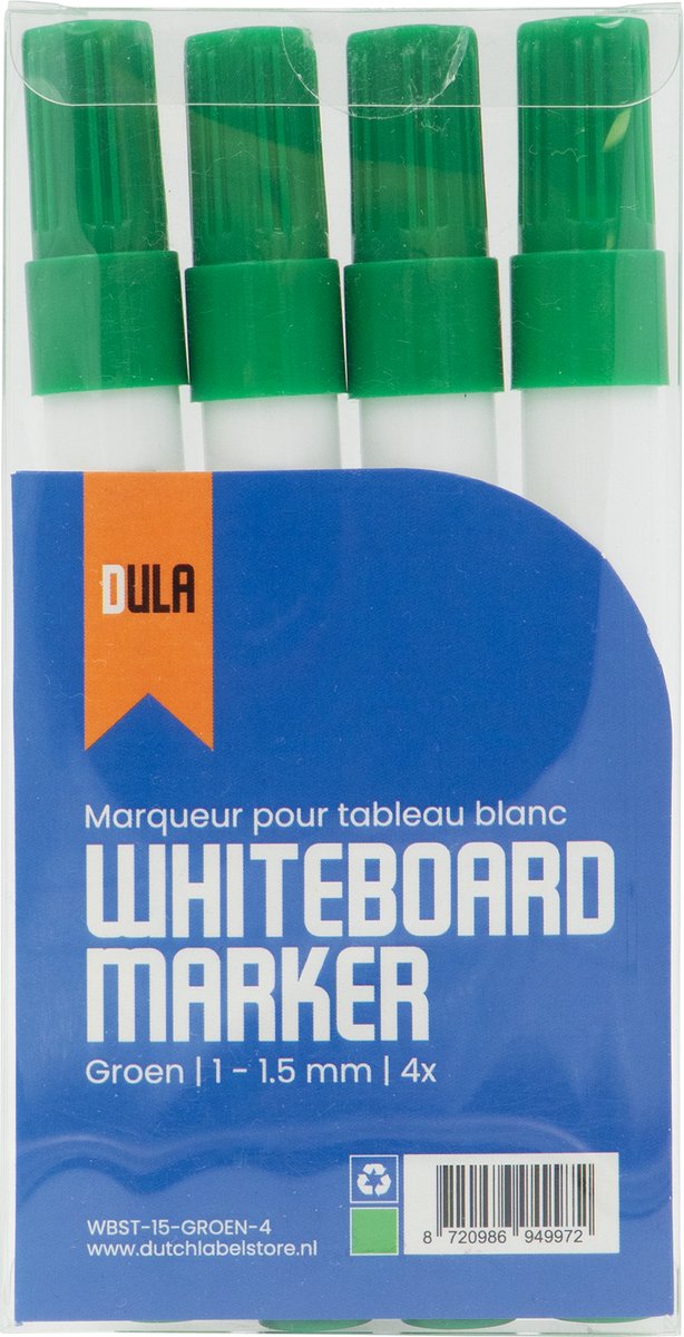Whiteboardstiften groen Set van 4 – Whiteboard markers met ronde punt - 4 stuks - Groen - DULA