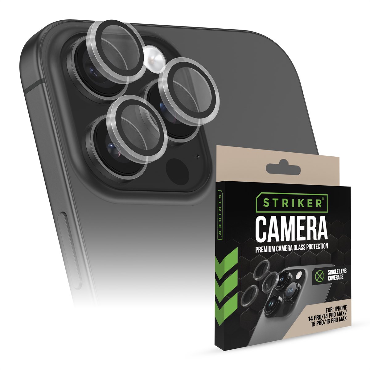 Striker Screenprotector geschikt voor Apple iPhone 14 Pro Max Glazen | Striker Single Lens Camera Lens Protector - Case Friendly - Zwart