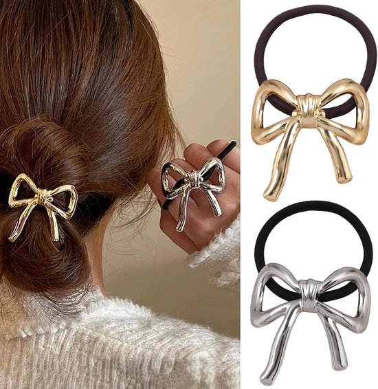 Lot de 2 nœuds pour cheveux avec nœud en métal - Petits Bandeaux de cheveux - Bandeaux cheuveux doré et argenté - Chique à Cheveux - Accessoires pour cheveux de Noël pour Filles