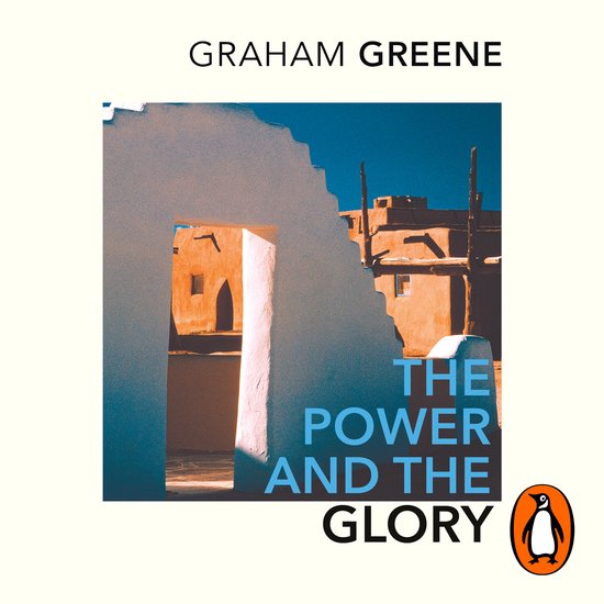 Graham Greene's "The Power and the Glory" met een Penguin logo en een foto van een gebouw.