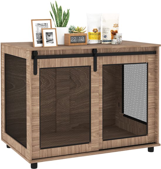 PawHut-Hundekäfig-Spanplatte, Stahl-98L x 60W x 78H cm-Nussbaum