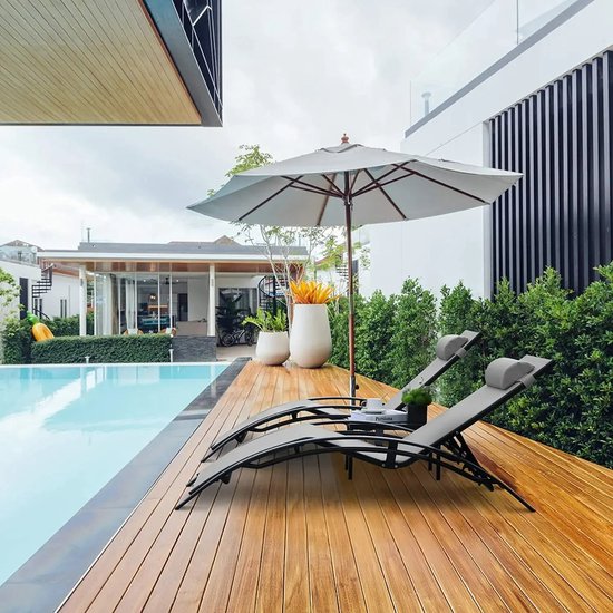 3-delige Aluminium Lounge Set voor Buiten - 2 Verstelbare Ligstoelen met 5 Posities + Bijzettafel - Stoelen - Chaise Loungeset voor Zwembad, Tuin, Strand & Camping - Zwart van Whoopr® — afbeelding 4