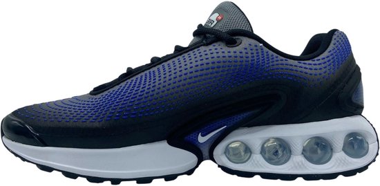 Zwarte sneaker met blauw en grijs mesh, Nike swoosh en zichtbare Air Max demping.