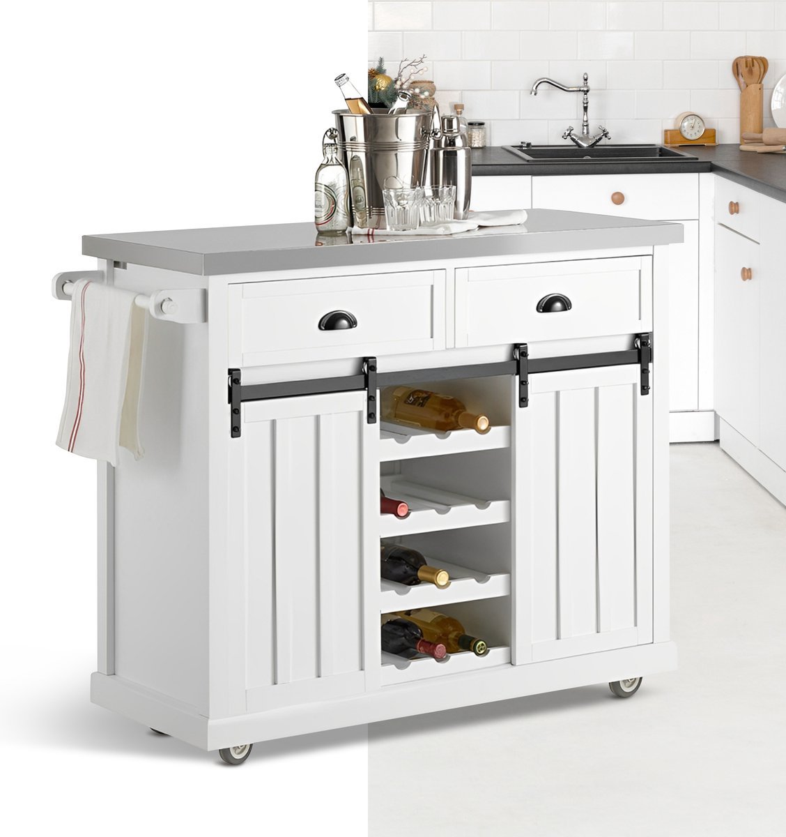 Keukeneiland - Verplaatsbaar - Keukenkast - Dressoir - Kookeiland - Organizer - Uitschuifbaar - RVS Werkblad - 2 Schuifdeuren - Wit
