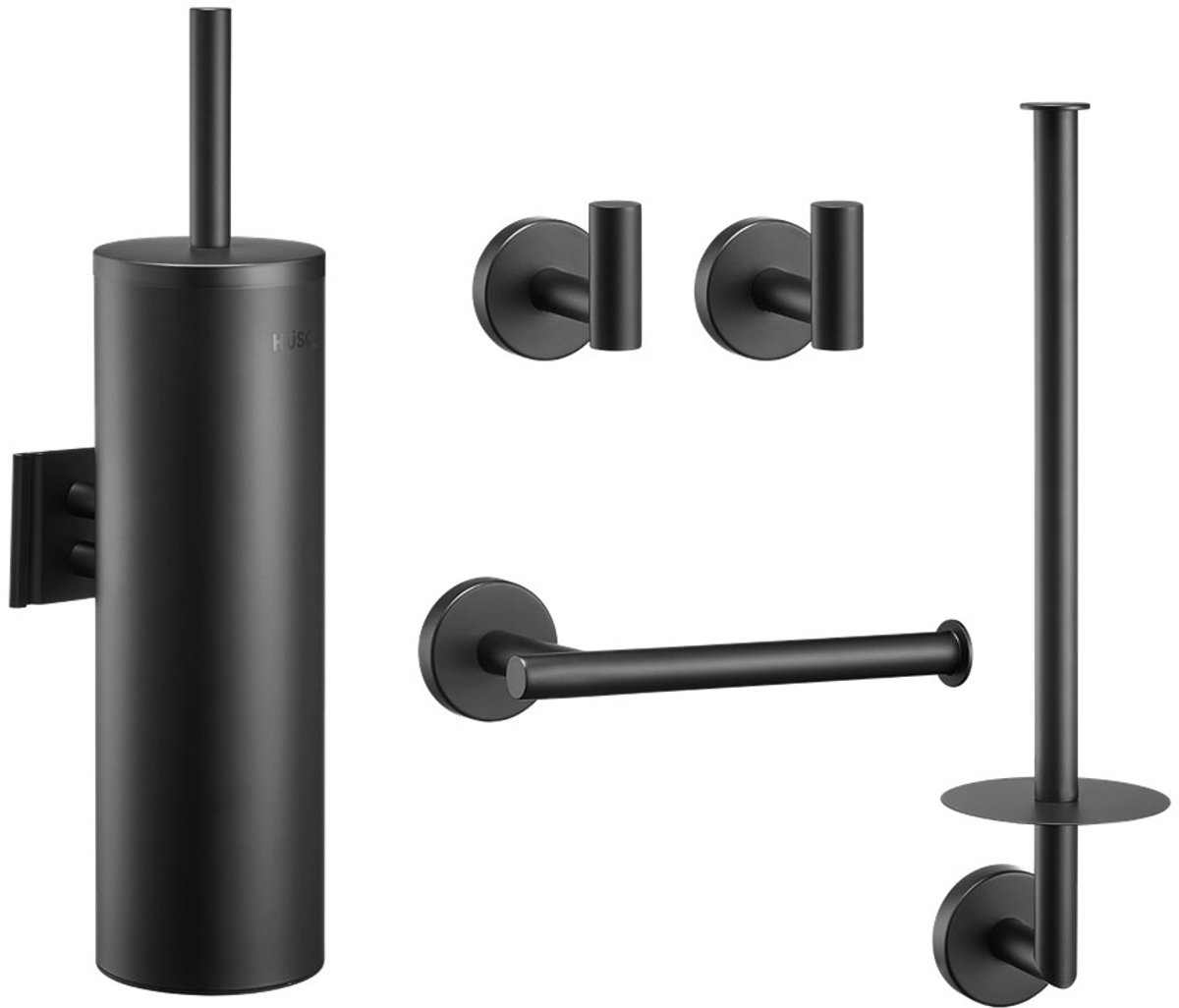 HÜSQ Toiletaccessoireset zwart 5-delig - Toiletborstel met Houder - Reserverolhouder - Toilet Accessoires in RVS roestvrij Staal - Zwart