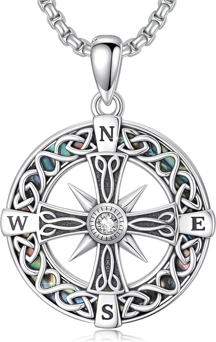 Kompas Halsketting Zilver - Abalone Kruis Hanger - Sieraden voor Mannen
