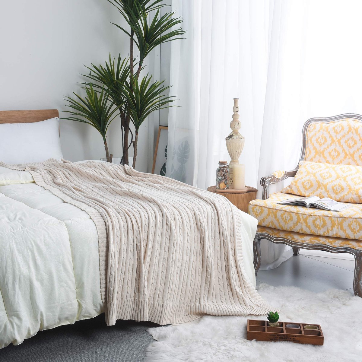 Ibenzoa Katoenen Gebreide Deken voor Comfort en Stijl in Huis en Kantoor, 130 x 180 cm, Beige