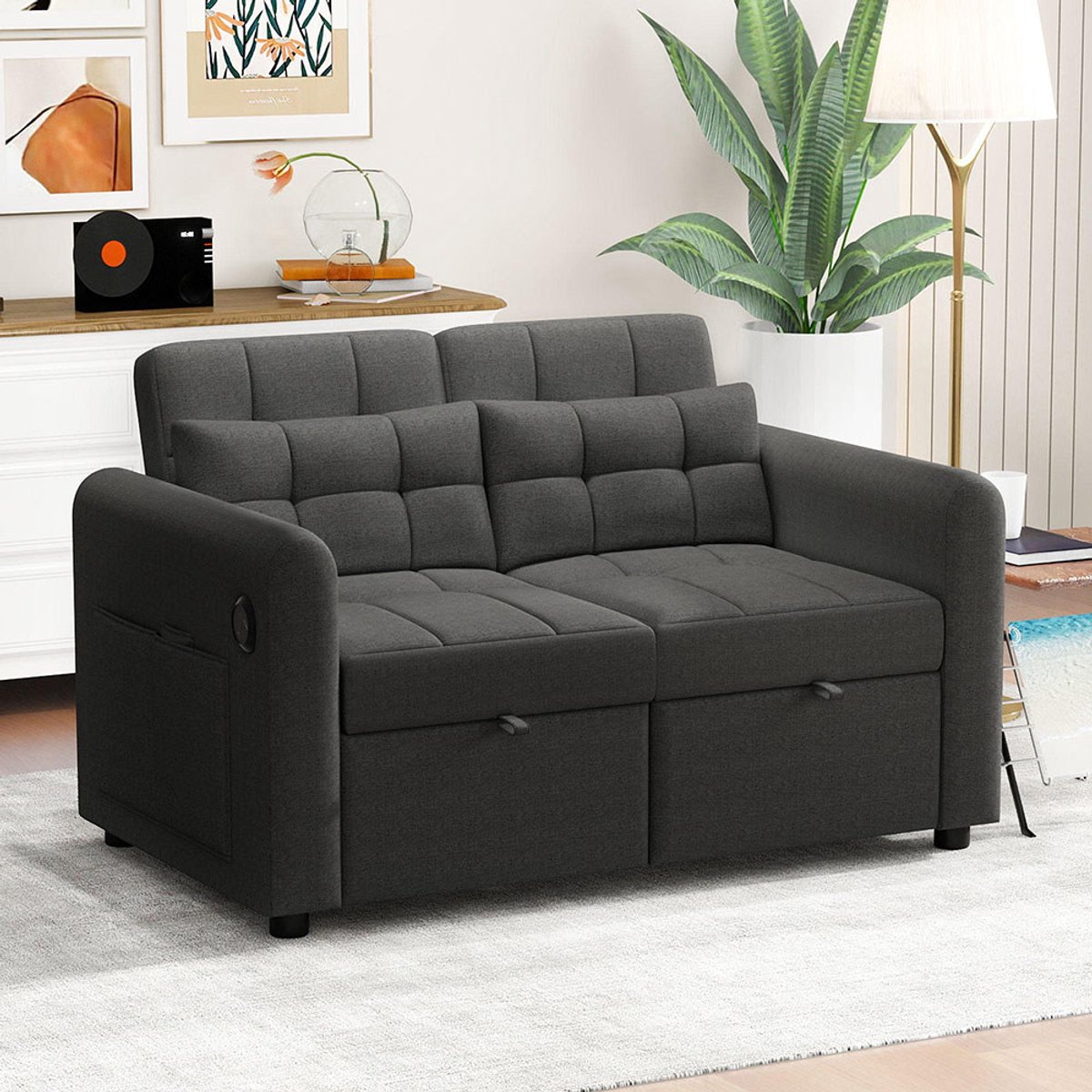 Pugsdrly Modern design: loveseat, 3-in-1 slaapbank met verstelbare rugleuning, USB, armleuningvakken en kussens. Geschikt voor de woonkamer, slaapkamer, appartement, enz.