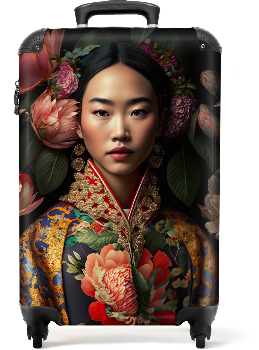 NoBoringSuitcases.com® - Handbagage koffer lichtgewicht - Reiskoffer trolley - Vrouw - Asian - Kimono - Bloemen - Portret - Reis rolkoffer met wieltjes - Carry on reistrolley op wielen - Luggage suitcase - 55x40x20 en 55x35x25 - Bagage 55 cm