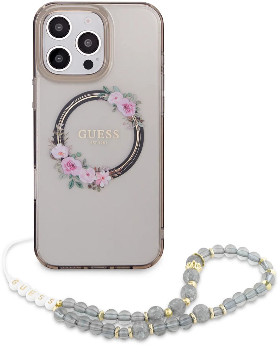 Guess Back cover iPhone 16 Pro - Zwart - Magsafe IML - Flower Wreath Design & Pearl Strap