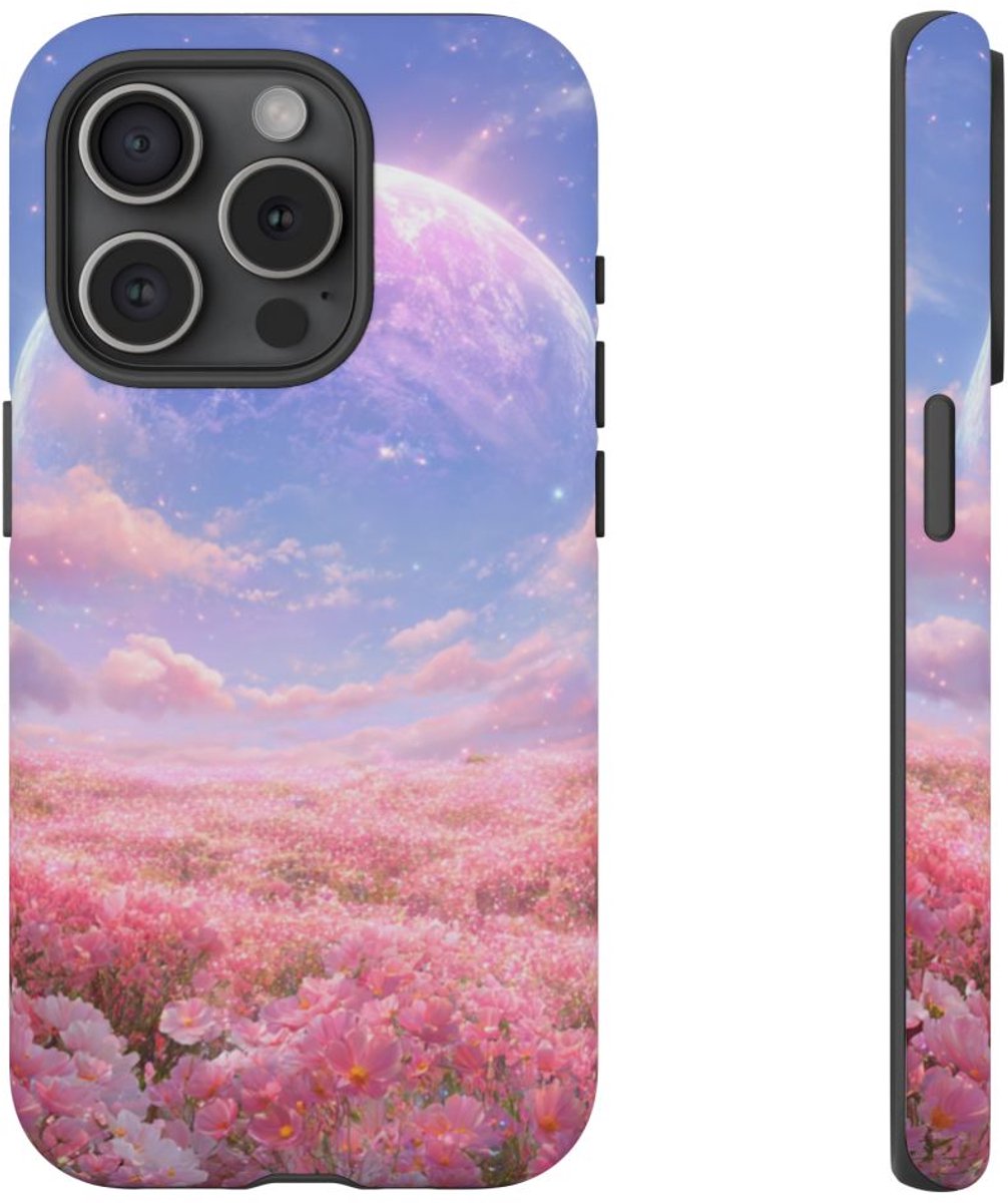 Roze Bloemenveld met Gloeiende Planeet – Telefoonhoesje Geschikt voor iPhone 15 Pro
