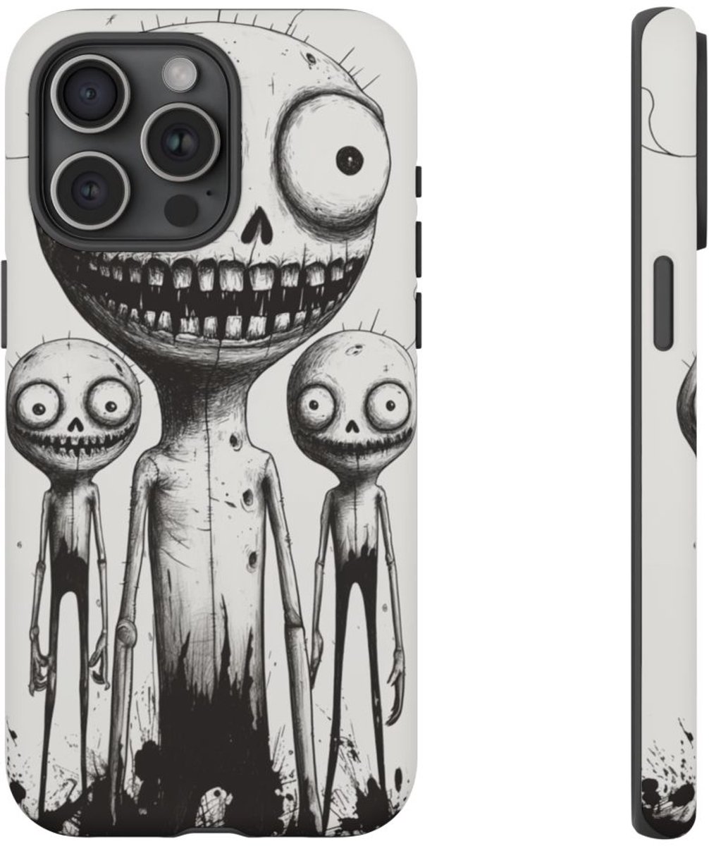 Monochrome Slanke Griezelige Monsters – Telefoonhoesje Geschikt voor iPhone 15 Pro Max