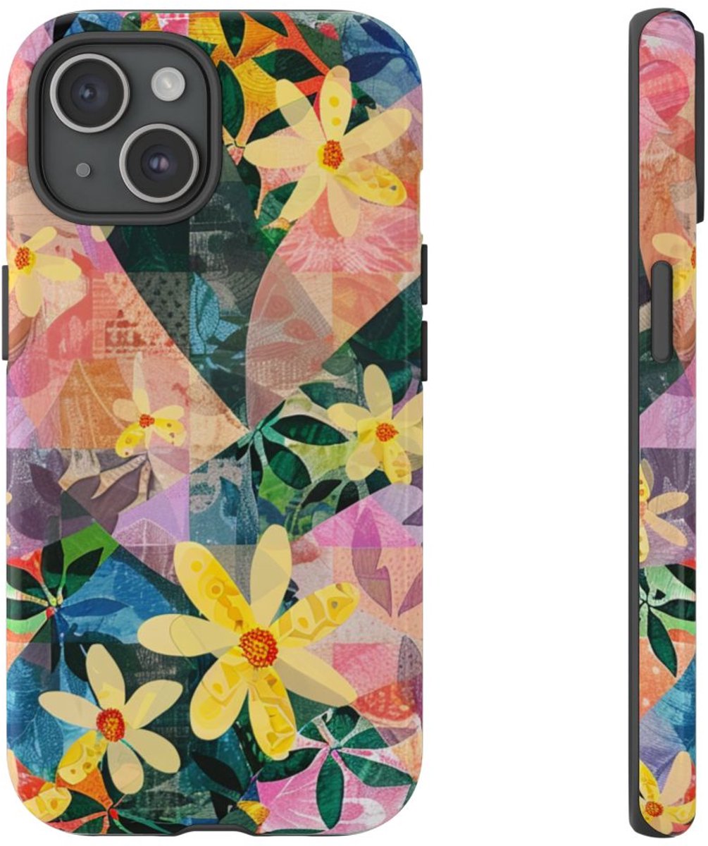 Abstract Bloemmotief met Geometrisch Patroon – Telefoonhoesje Geschikt voor iPhone 15
