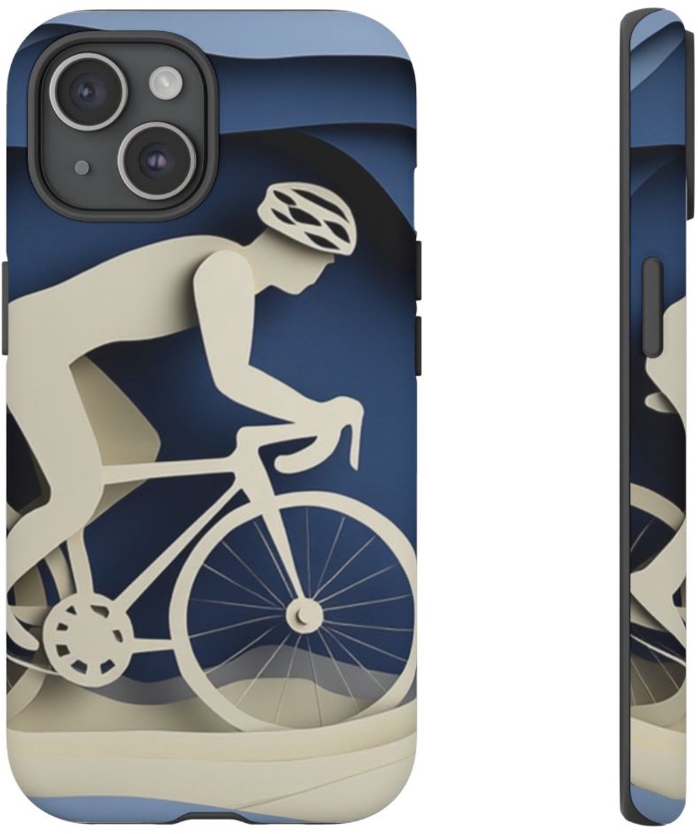 Papieren Uitsnede Fietser op Bergpad – Telefoonhoesje Geschikt voor iPhone 15