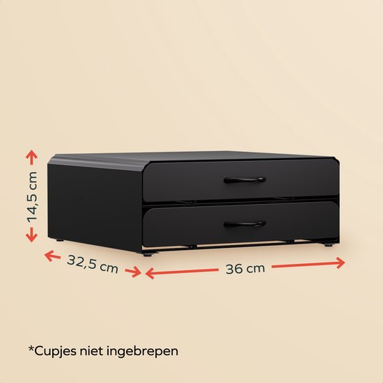 Porte-capsules noir en métal avec 2 tiroirs, dimensions 36 x 32,5 x 14,5 cm.