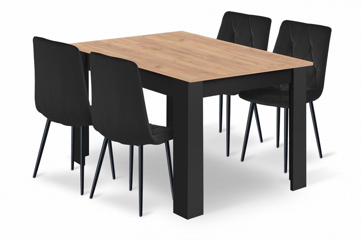 Eethoek - Eettafelset - NP 120x80 Craft met Zwarte Poten + 4 Stoelen LIBRA Zwart met Zwarte Poten, Modern Design, Geschikt voor Keuken, Eetkamer en Woonkamer