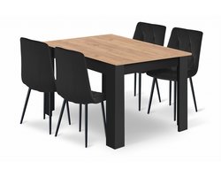 Eethoek - Eettafelset - NP 120x80 Craft met Zwarte Poten + 4 Stoelen LIBRA Zwart met Zwarte Poten, Modern Design, Geschikt voor Keuken, Eetkamer en Woonkamer