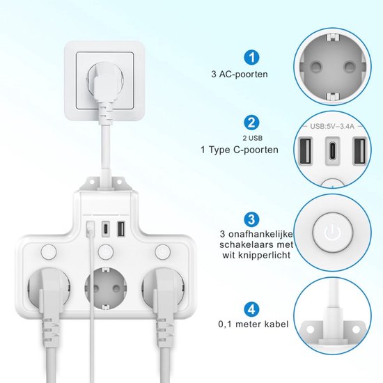 Stekkerdoos met 5 onafhankelijke schakelaars, stekkerdoos met 5 AC- stopcontacten, 4000 W, meervoudige stopcontacten voor de muur, 2 USB-A en 2 type-C kabel van 0,1 m, grijs Stekkerdoos met 5 onafhankelijke schakelaars, stekkerdoos met 5 AC- stopcontacten, 4000 W, meervoudige stopcontacten voor de muur, 2 USB-A en 2 type-C kabel van 0,1 m, grijs