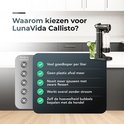 Zwarte LunaVida Callisto soda maker op een aanrecht met tekst over voordelen.