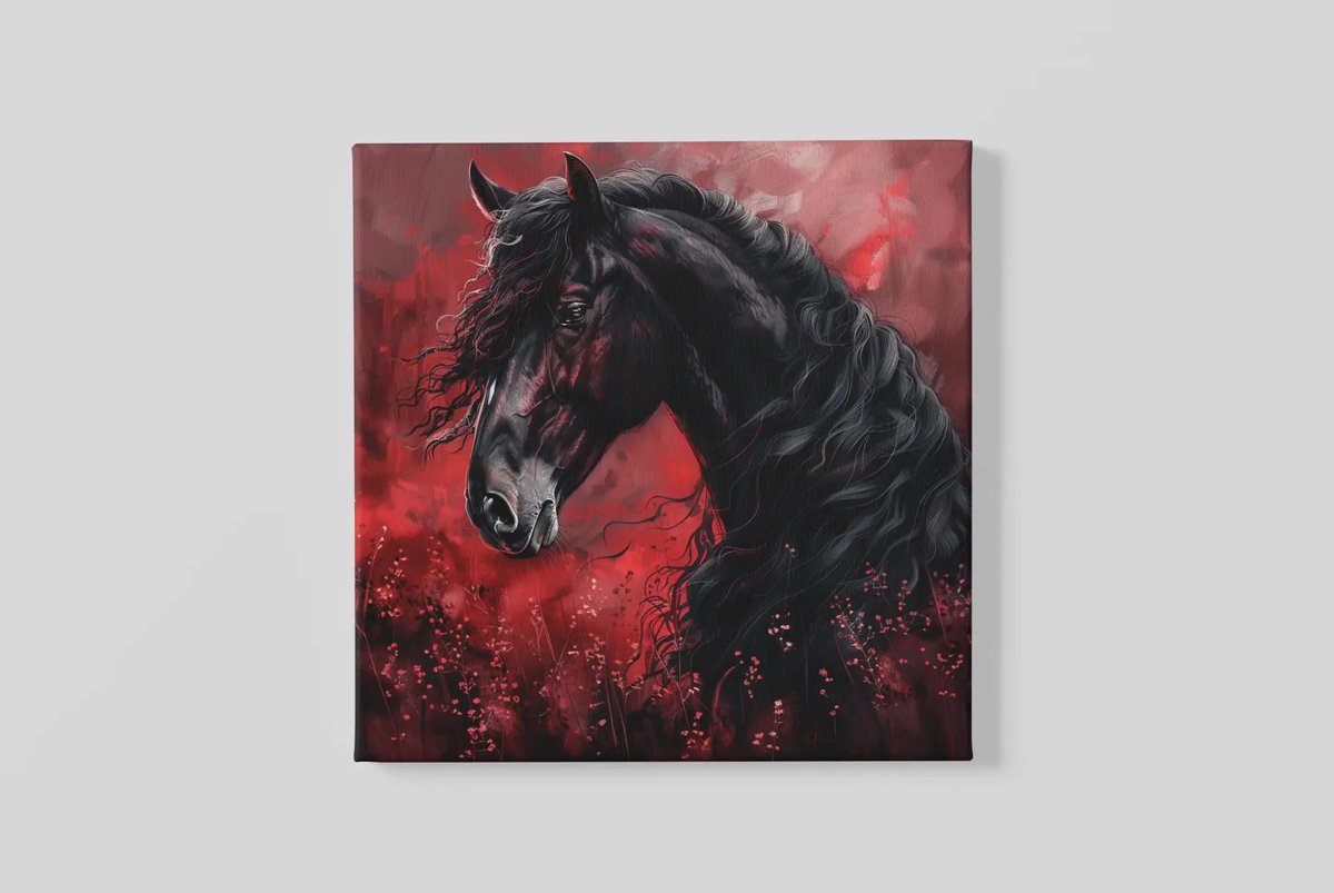 Trendex Global Vierkant Canvas Schilderij - Paard - Dierenkunst - Modern & Luxueus - 100x100 cm Rood