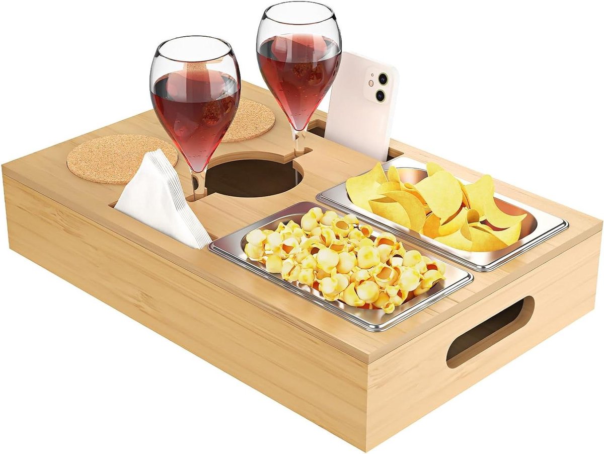 Bamboe Snackbox met 2-in-1 Bankbar en Roestvrijstalen Snackschalen - Organisator Dielblad met Onderzetters, Beker- en Flessenhouder - Voor Woonkamer en Bank - Duurzaam en Stijlvol - Handig en Praktisch.