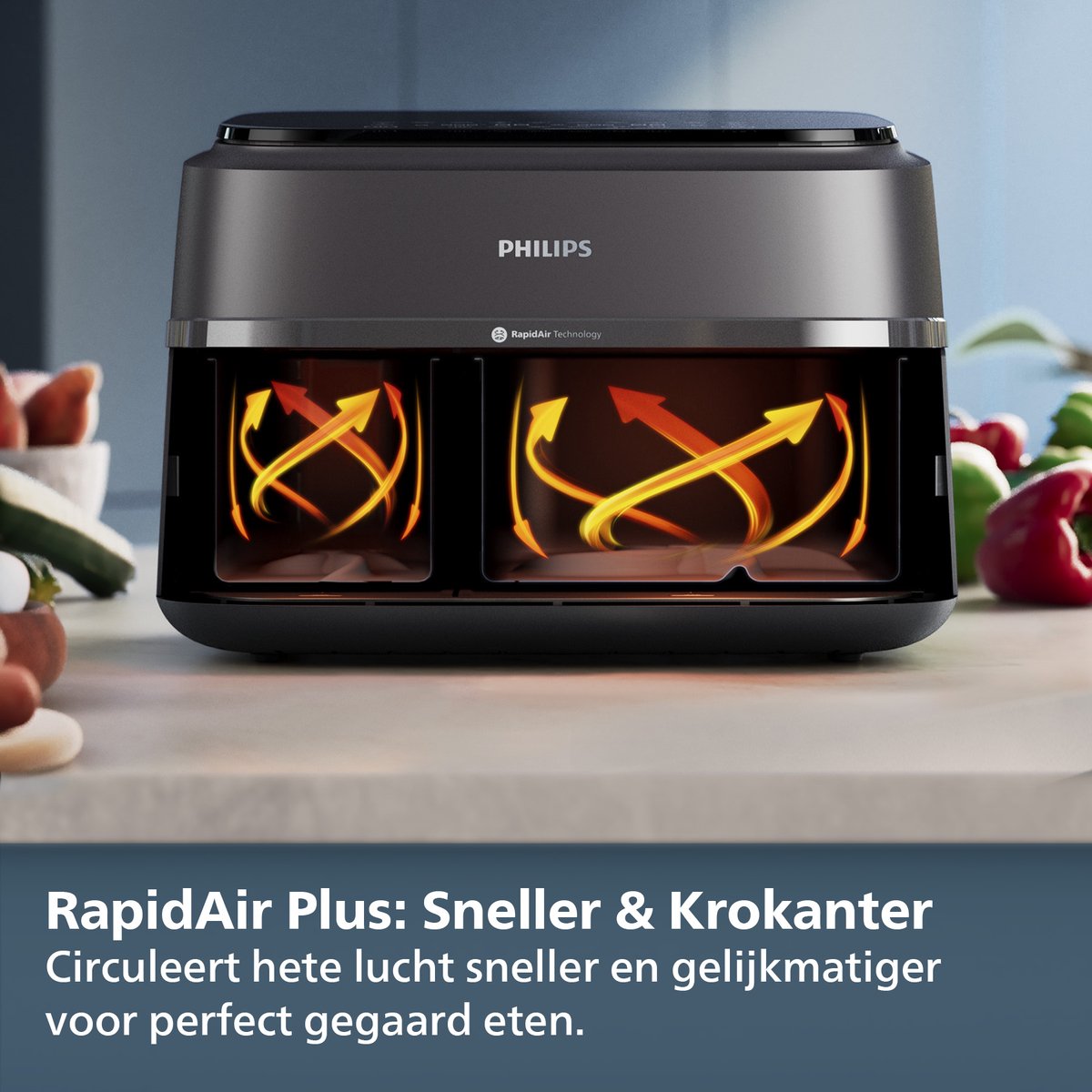 Afbeelding 3 van Philips 3000 Series Dual Airfryer - NA351/00 - Dubbele Mand - 9L - Tot 6 Personen - Zwart/Zilver