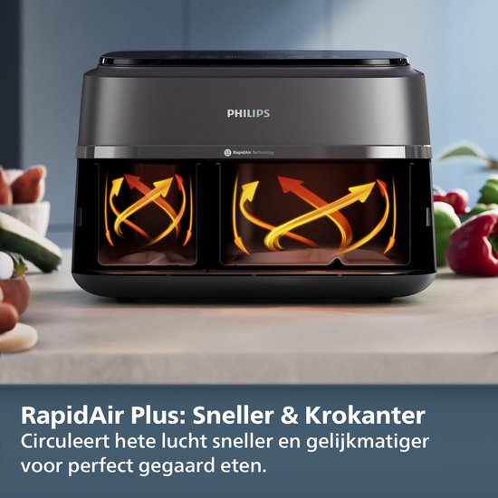 Philips 3000 Series Dual Airfryer - NA351/00 - Dubbele Mand - 9L - Tot 6 Personen - Zwart/Zilver