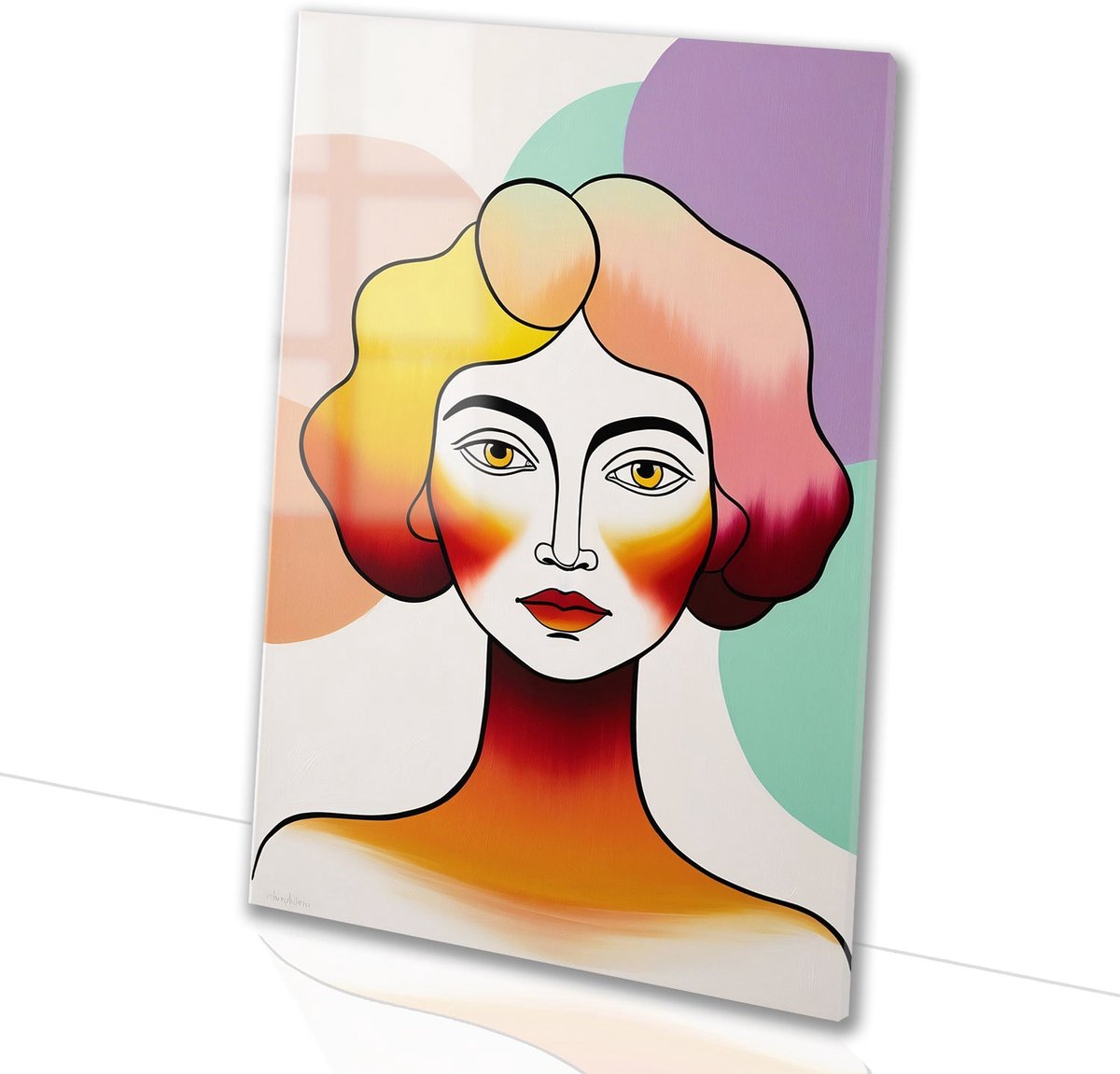 Modern kleurrijk vrouwelijk portret - Portret glazen schilderijen - Wanddecoratie glas gezicht - Pop Art - Schilderij op acrylaat - Wandkunst plexiglas - acrylglas 100x150 cm