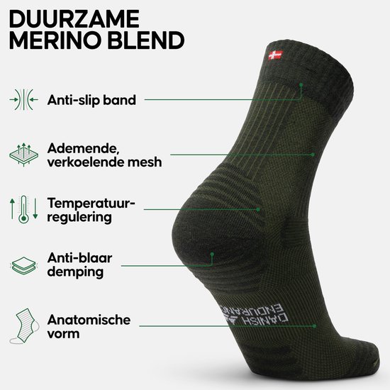 Groene wandelsok met kenmerken zoals anti-slip band en ademende mesh.