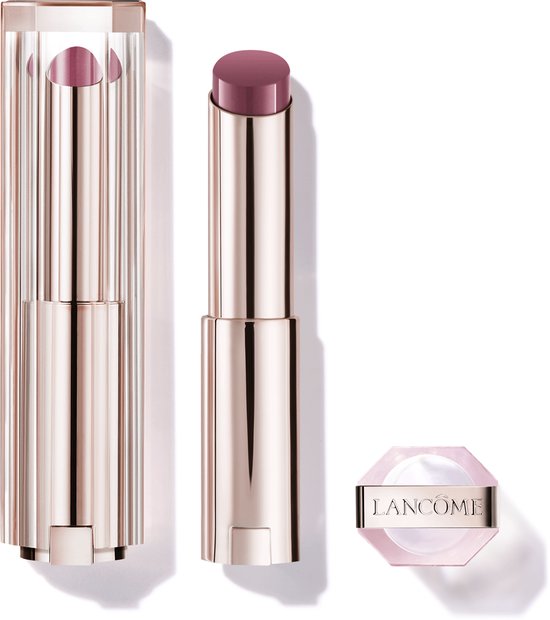 Gouden lipstickhouder met opaalroze lipstick en een hexagonale dop, naast een lege houder.