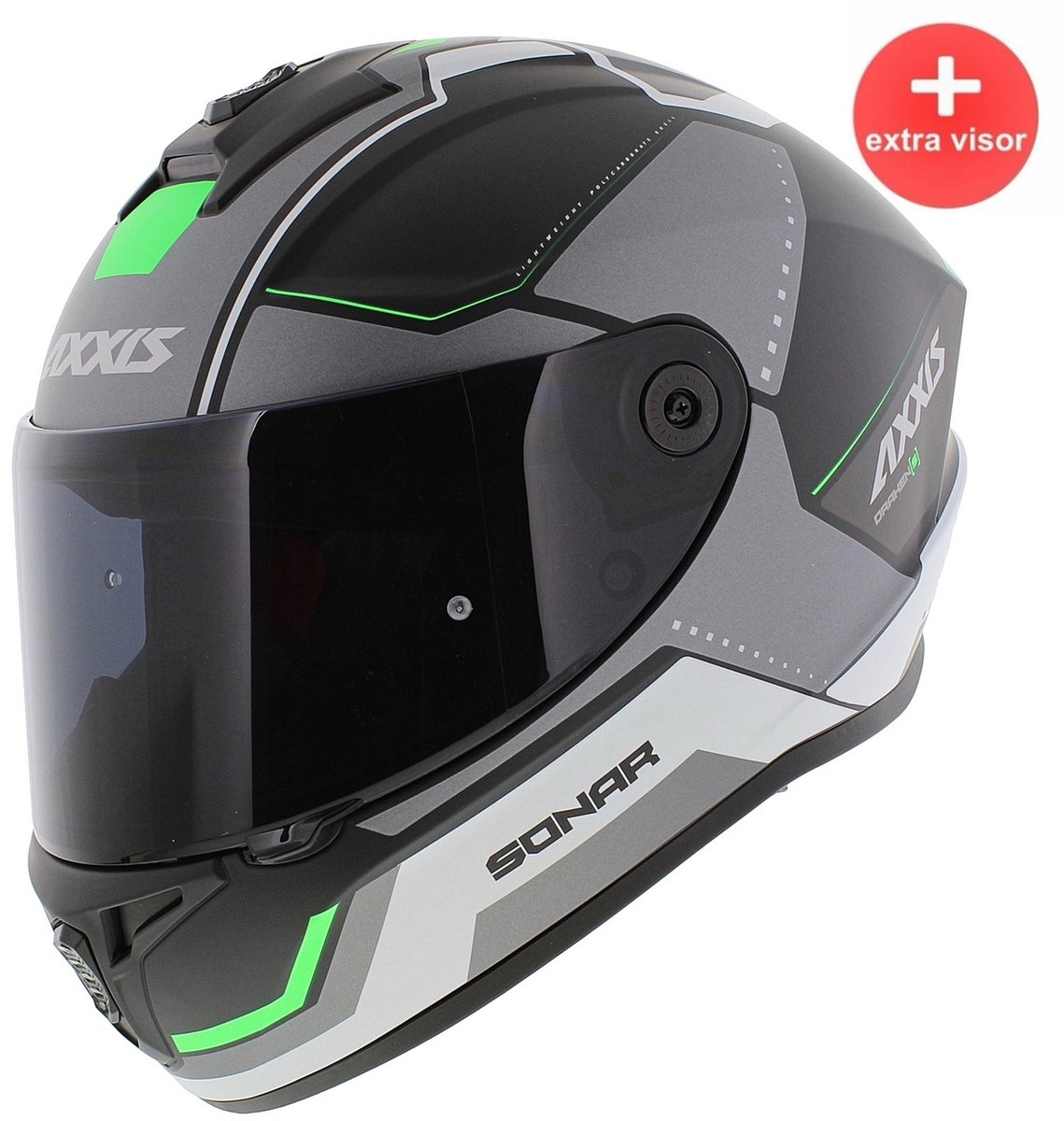 Axxis Draken S helm Sonar mat zwart grijs groen S + Extra donker vizier