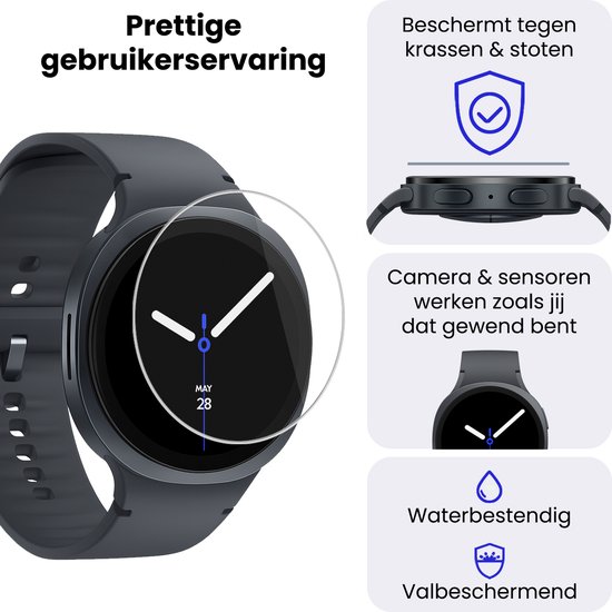 Een donkergrijze smartwatch met een transparante screenprotector. De protector is waterbestendig en valbeschermend.