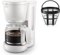Cafetière Philips blanche avec verseuse en verre et un panier-filtre noir amovible à côté.