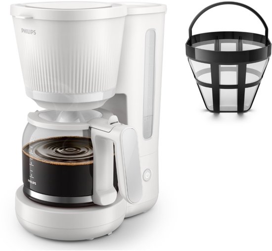 Cafetière Philips blanche avec verseuse en verre et un panier-filtre noir amovible à côté.