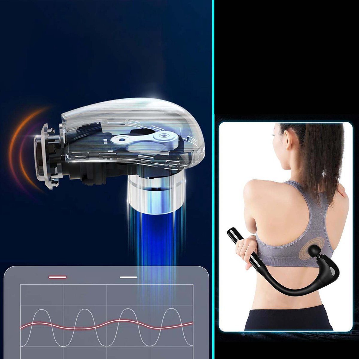Afbeelding 2 van Elektrisch Elleboogmassagepistool - 1500 mAh - 120° Boogontwerp - Met verlengde handgreep - 5 snelheidsniveaus - 4 massagekoppen - Ultrastille technologie - Snel opladen