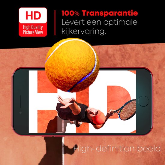 Film protectrice sur smartphone rouge affiche une image HD d'un joueur de tennis. Avec "100% Transparence" et "High Quality Picture View".