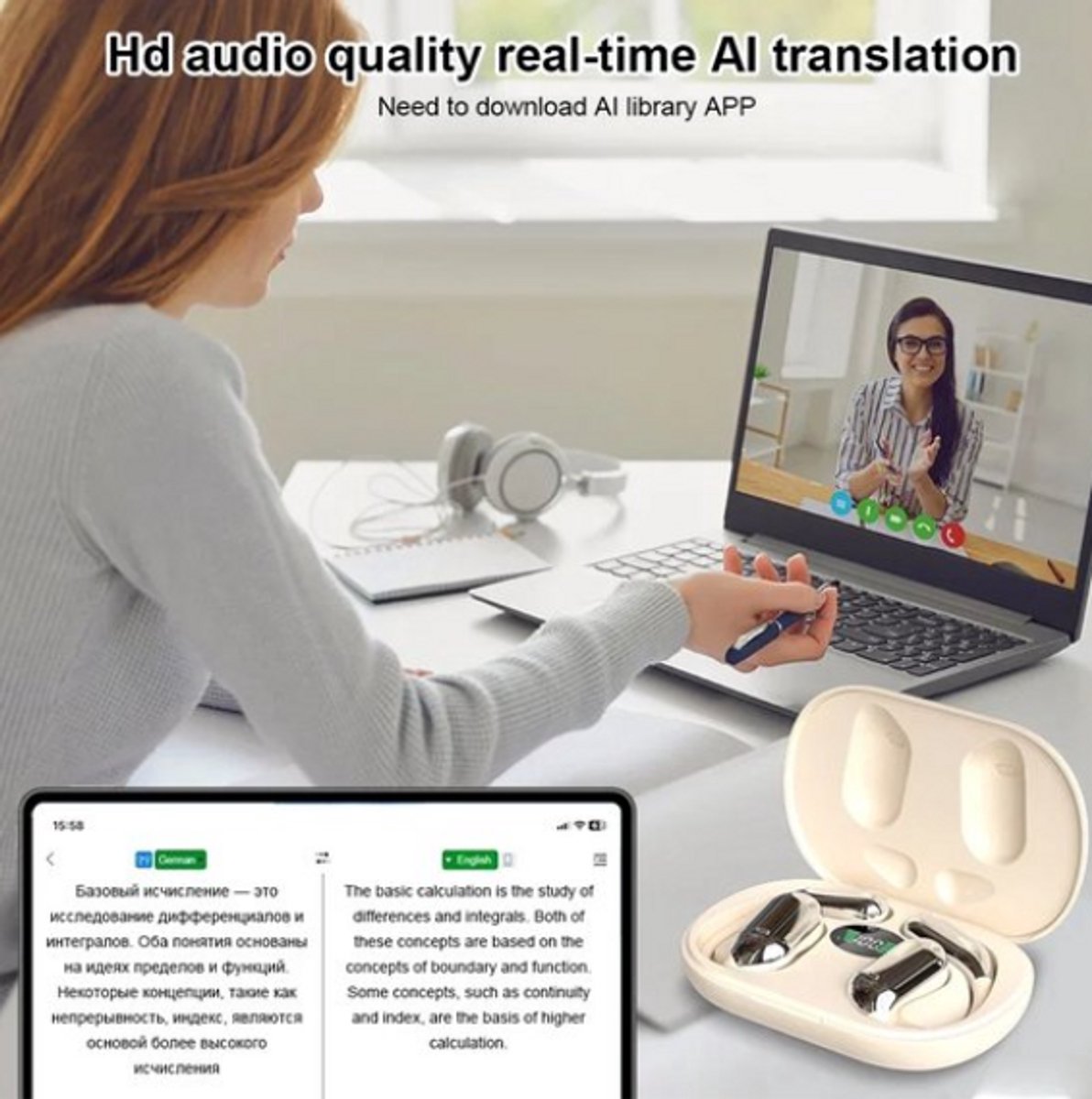 3-in-1 Draadloze Vertaal Oordopjes – Instant Spraakvertaler met Bluetooth 5.3, Ruisonderdrukking & Real-time Vertaling in 144 Talen – Tolk Oortjes voor Reizen, Werk & Taalstudie thumbnail 3