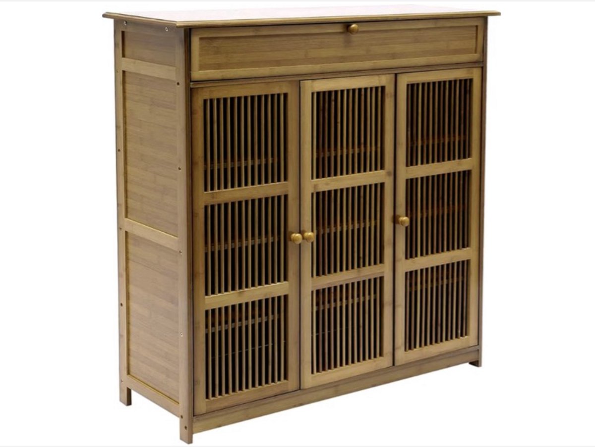 WNHB® Bamboe Schoenenkast Met 3 Deuren En 4 Planken - Houten Opbergkast Voor Gang Keuken En Eetkamer Bruin