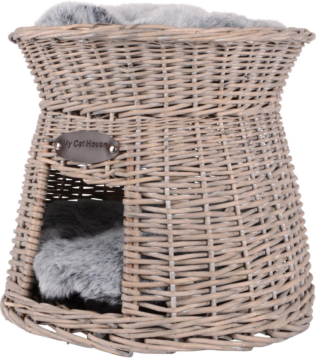 UNUS® Kattenmand kattentoren van rotan grijs met zacht kussen