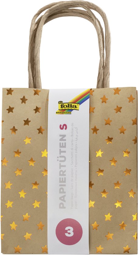 Bruine papieren cadeauzak van Folia met gouden sterren, touwhandvatten en een label met 'Papiertüten S' en '3'.
