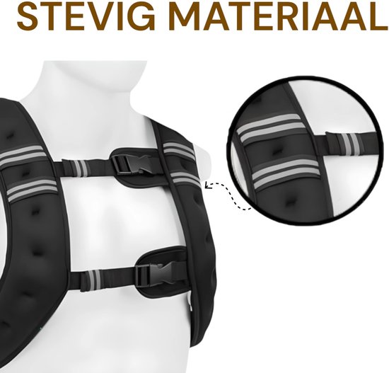 Zwart gewichtsvest met verstelbare banden en reflecterende strepen. Tekst: "STEVIG MATERIAAL".