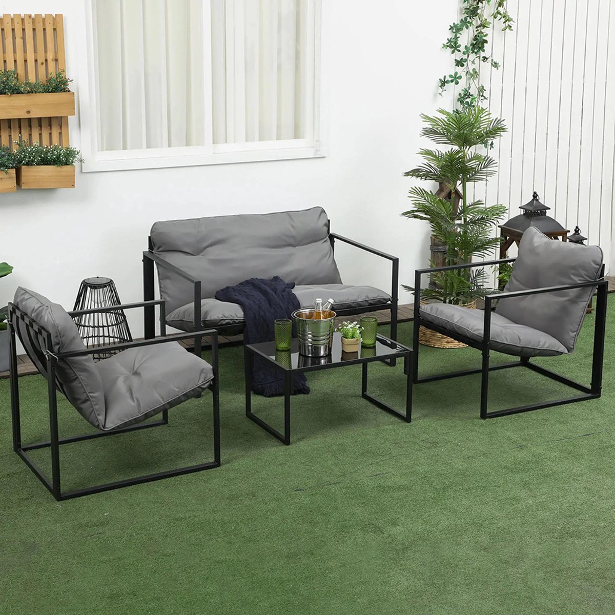 Sweiko Tuinset - 1 Glazen tafel - 2 Fauteuils - 1 Bank - Weerbestendig - Grijs + zwart