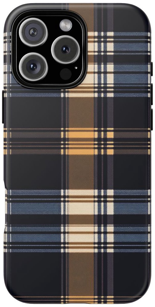 Karamel en Donkerblauw Ruitpatroon – Telefoonhoesje Geschikt voor iPhone 16 Pro Max