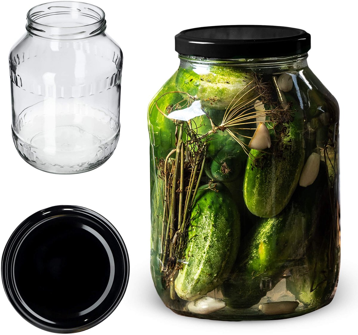 KADAX Wekpotten 2,5 l, inmaakpot om in te zetten, fi100 mm, inmaakpotten, valglas, voorraadglas, komkommerglas, conservenglas, ronde glazen, inmaakpotten (1 stuk, zwart deksel)