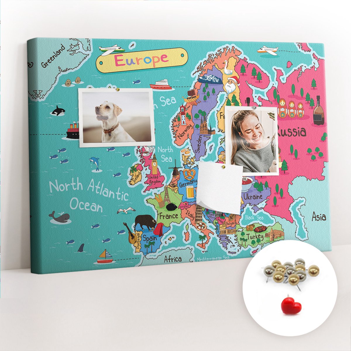 Tulup Prikbord - Kaart van Europa Prikbord Van Kurk - 60 cm x 40 cm - Veelkleurig Prikbord - Metalen Pinnen - Memobord Van Kurk - Kurk Prikbord Bureau - Kurkbord - Decoratief Kurkbord - Kurk Prikbord Canvas