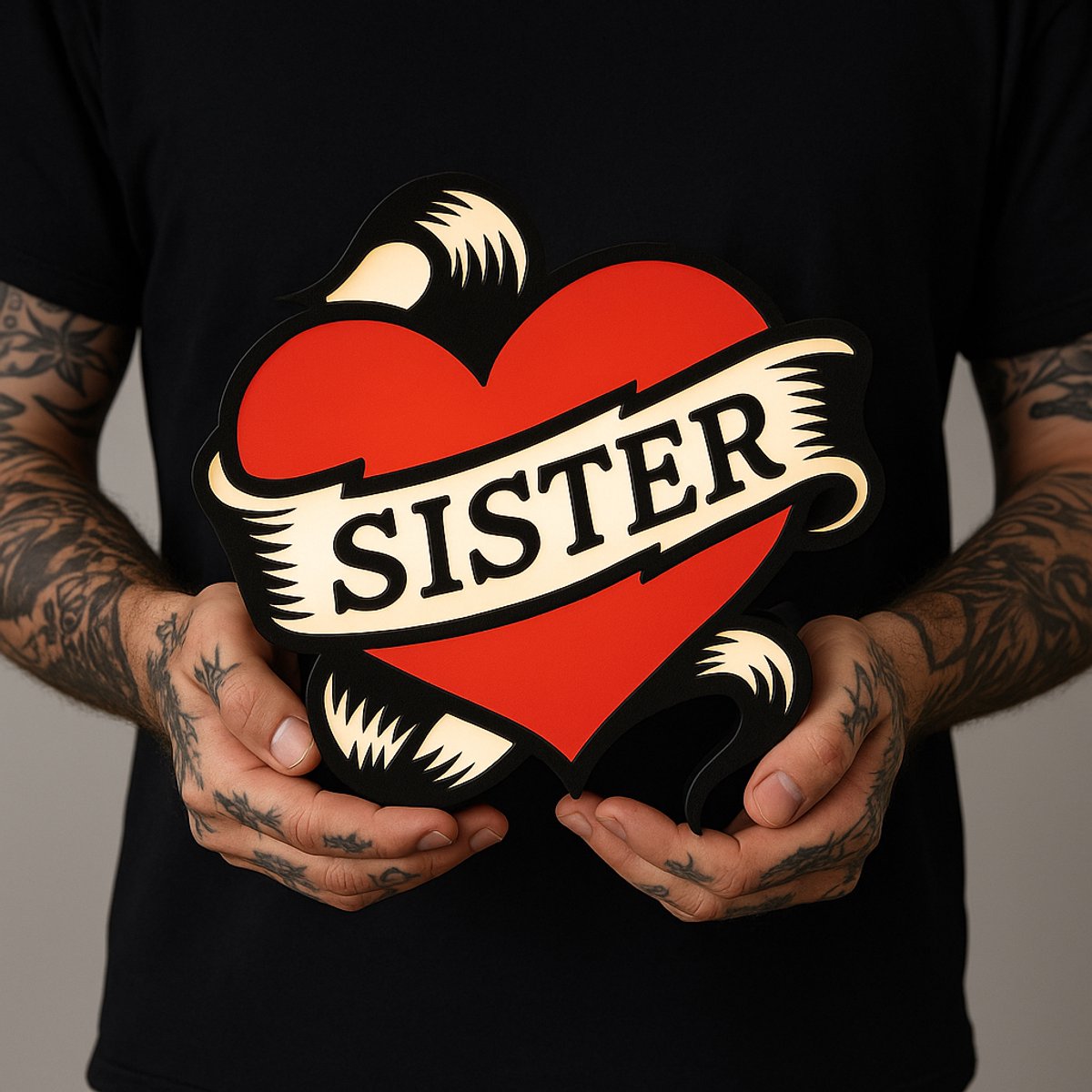 Tattoo Lightbox Hart ‘Sister’ – LED Lamp Wanddecoratie – Uniek Cadeau voor Zusje – Tattoo 