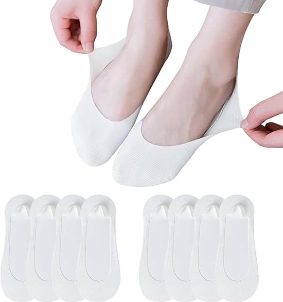 Witte, onzichtbare damessokken, plat aan de voet en met elastische banden aan de zijkanten.