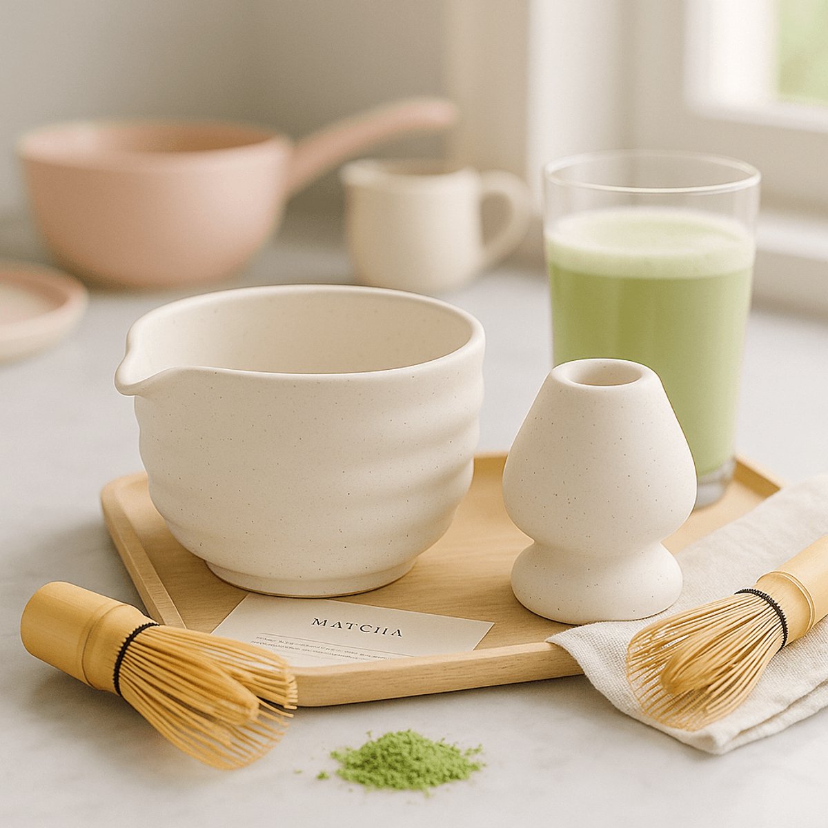 Matcha Set Shirohana – Handgemaakt Keramiek – Inclusief Matcha Kom & Houder – Wit Gespikkeld Glazuur – 300ml – Japans Design