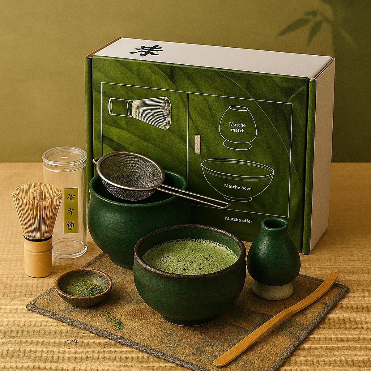 Parya Matcha – Matcha Set – Matcha Thee Set Compleet – 8-Delig set - Inclusief Matcha Kom – Bamboe Klopper – Klopperhouder – Zeefje – Lepel – Mat – Keramiek – Donkergroen – Luxe Geschenkdoos